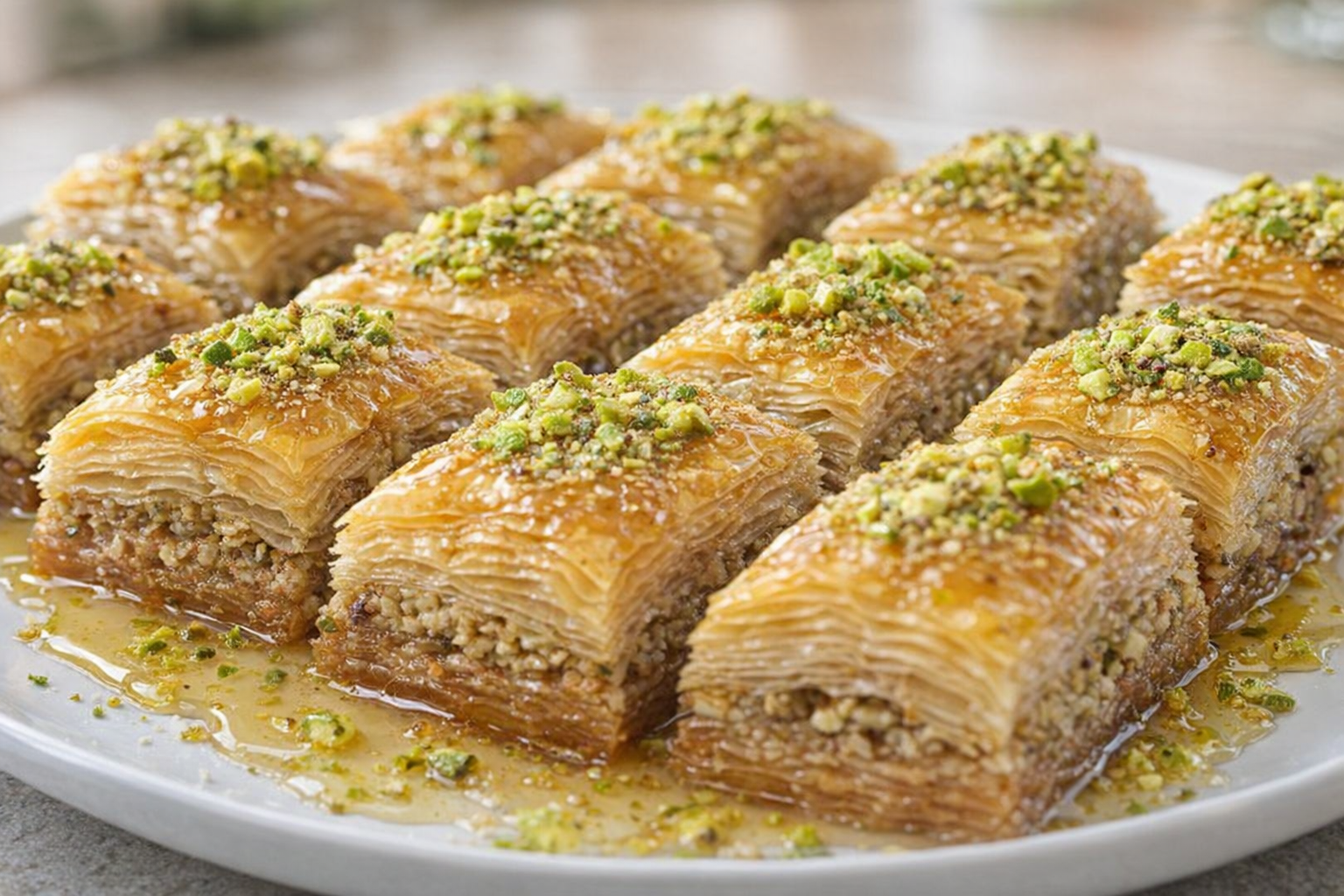 A high-angle, bright studio shot of perfectly arranged baklava pieces on a white plate, glistening with honey syrup and sprinkled with chopped pistachios, showing layers of flaky phyllo
